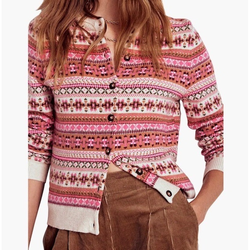 Boden Edie Fair Isle Cardigan Wool Cotton Alpaca Blend Stripe Floral Pink XL